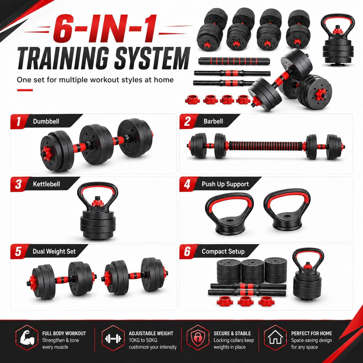 6-in-1 Adjustable Dumbbell, Barbell & Kettlebell Set