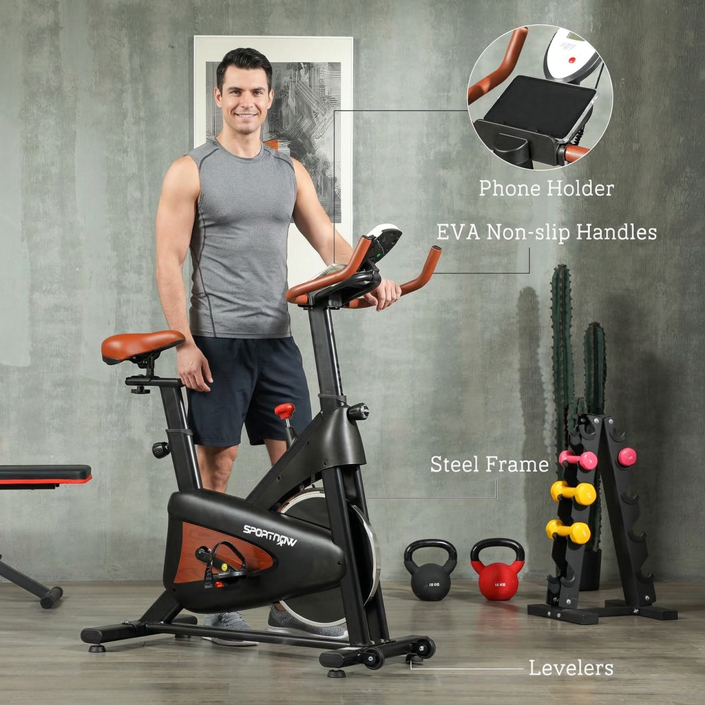 Fifth photo with a man beside the exercise bike