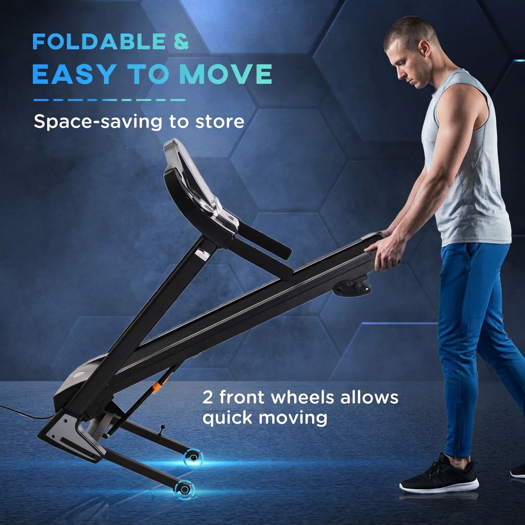 Fifth product photo with a man moving the treadmill