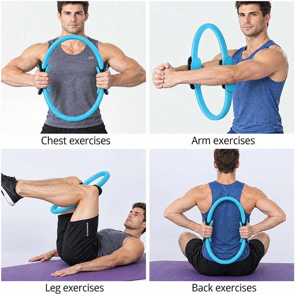 Four-panel fitness-ring exercise guide with male models
