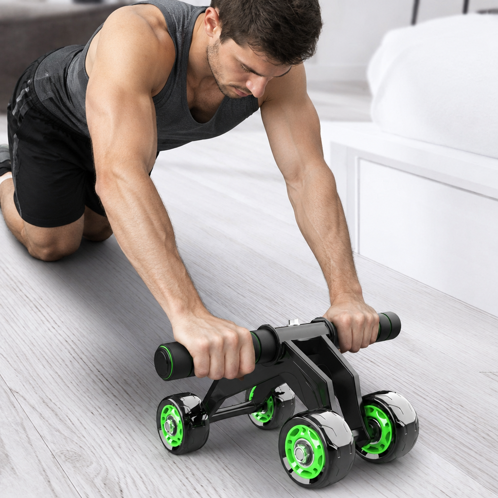 Kneeling man using the four-wheeled abdominal roller