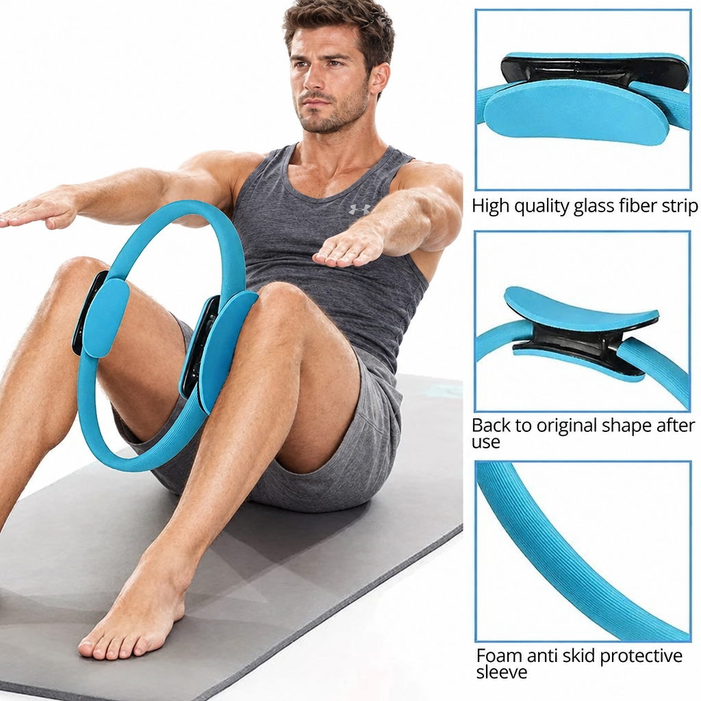 Male model using the blue fitness ring with product-detail panels