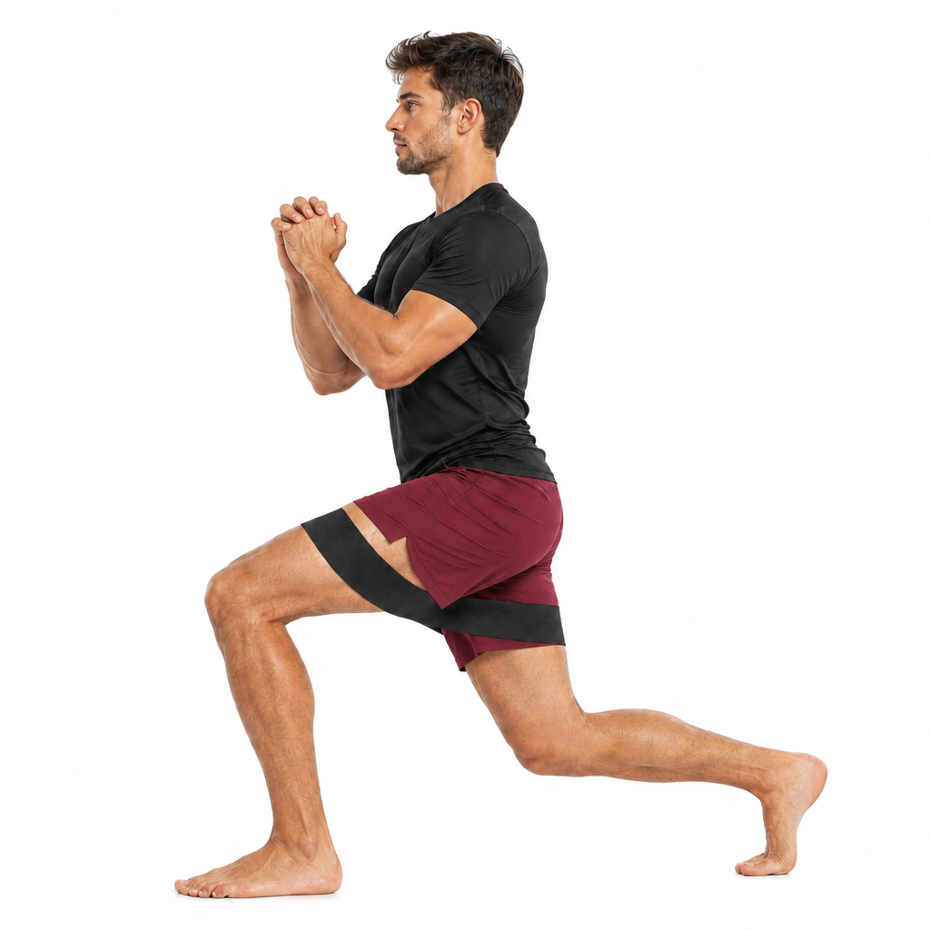 Man demonstrating a resistance-band lunge with longer shorts