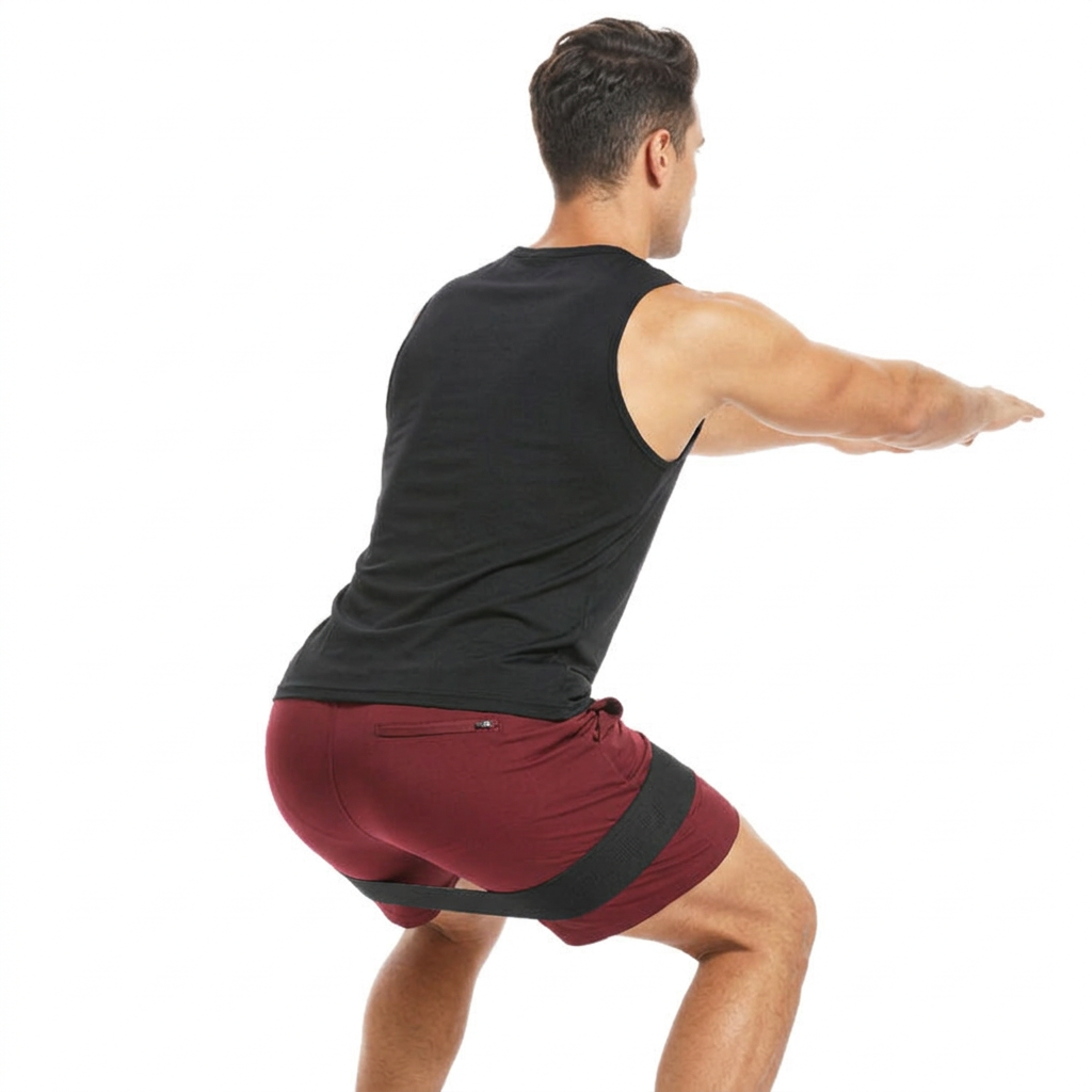 Man performing a squat from the rear angle