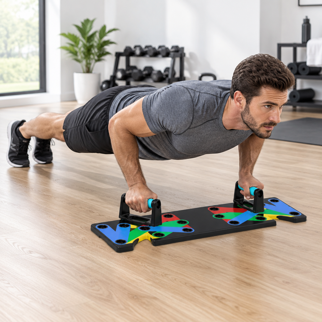 Man using the push-up board in a bright home gym
