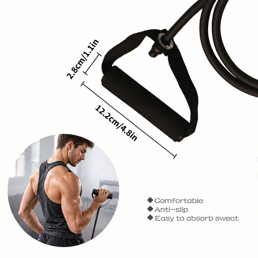 Resistance-band infographic with a male gym model