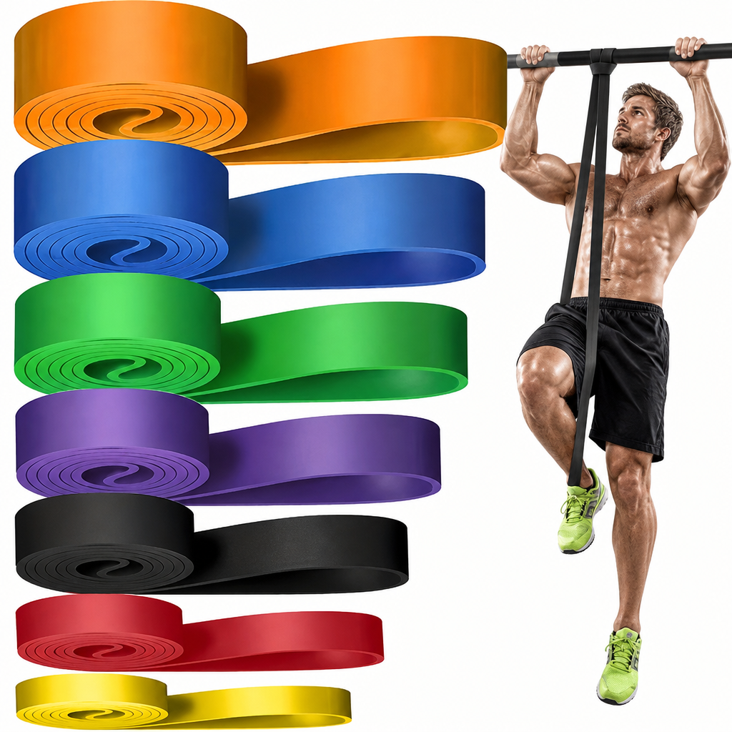 Resistance-band product image with a man performing a band-assisted pull-up