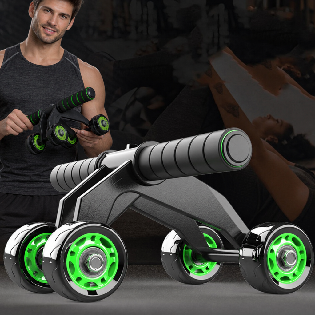 Standing man holding the four-wheeled abdominal roller