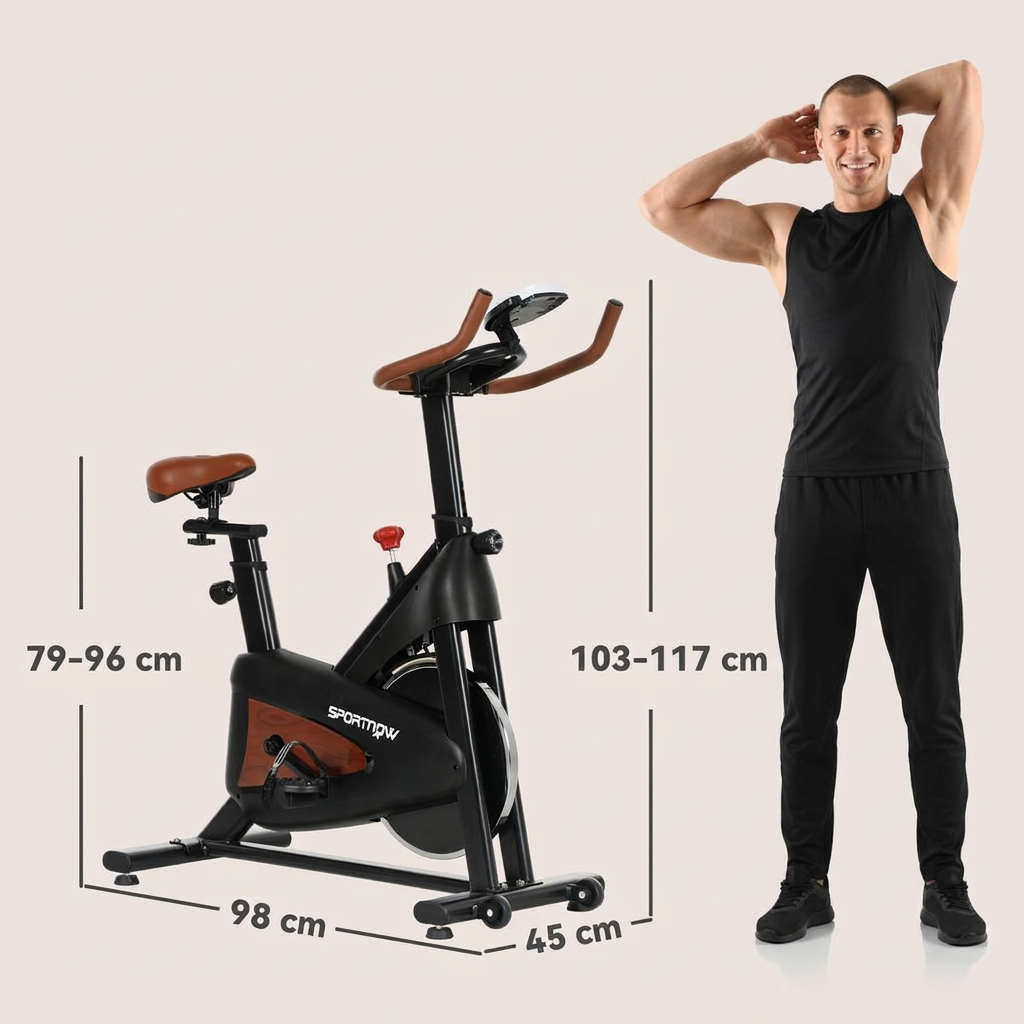 Third photo with a man beside the exercise bike